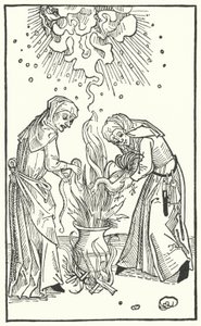 Illustration from a treatise by Ulrich Molitor about diviner women and witchcraft