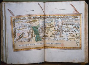Map of the Holy Land, based on descriptions and co-ordinates given in Cosmographica, by Ptolemy (Claudius Ptolemaeus of Alexandria) published in Ulm, Germany, by Johann Reger