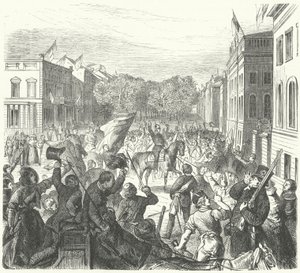 King Frederick William IV of Prussia riding past Berlin University on his way to attend a mass funeral of civilians killed in riots, 21 March 1848 by German School