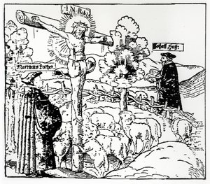 Luther and Hus with Christ in the Sheepfold