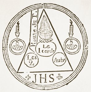 Magic Circle, copy of an illustration from Dreyfacher Hollenzwang by Dr Faustens, Passau 1407, Reproduced in Das Kolster Vol V, by J Scheible, 1845, used in a History of Magic, published late 19th century by German School