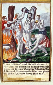 Martyrdom of Jean de Brebeuf and Gabriel Lalemant by Iroquois, in Nouvelle-France 1649, from Jesuits Martyrology, 1688 by German School