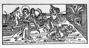 Martyrdom of Saint Polycarp of Smyrna (ca. 69-155), bishop. Engraving from the 