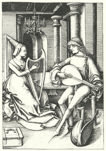 Musicians Playing the Lute and the Harp in a Country House in the 15th Century (engraving) by German School