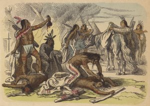 Native American Braves Taking the Scalps of Their Enemies (Coloured Engraving) by German School