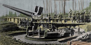 Often confused with the Big Bertha cannon, the Paris cannon (Wilhelmgescutae) is the most mysterious of the German guns of the First World War. Calibre 210 mm; flight length 36 m; range 126 km; total weight 750 T; projectile weight 105 Kg at 1600 m/sec. 19 by German School