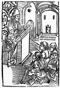 Portrait of Albertus Magnus with some of his pupils, illustration for the title page of Epitomata, reparations, or the whole of natural philosophy of Aristotle by Gerardus de Harderwyck, published 14 by German School