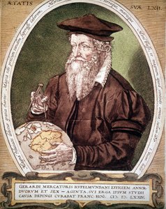 Portrait of Gerhard Kremer dit Gerardus Mercator (1512-1594). False title of the first edition of the Atlas by German School