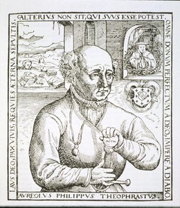 Portrait of Theothrastus Paracelsus, copy of an illustration from his book Astronomica et Astrologica Pouscula, Cologne 1567, used in a History of Magic, published late 19th century by German School