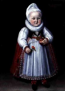 Portrait of a Young Child Holding an Apple and a Flower