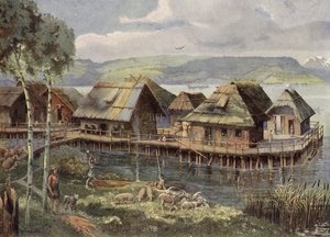 Prehistoric European lake village by German School