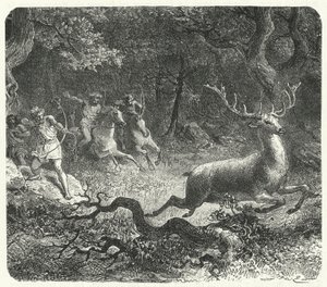 Prehistoric Men Using Horses to Hunt (engraving) by German School