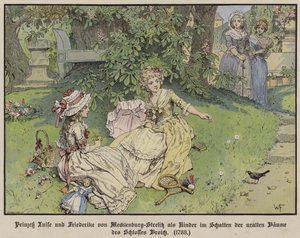 Princesses Louise and Frederike of Mecklenburg-Strelitz in the shade under the trees of Castle Broich as children