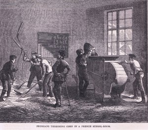 Prussians threshing corn in a French school room, Cassells History of the War between France and Germany published by Cassell and Company Limited, c.1890