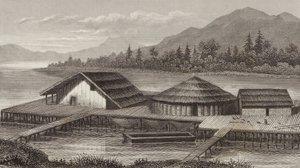 Reconstruction of an ancient lake village (Illustration for Bilder-Atlas)