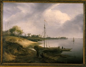 River landscape by German School