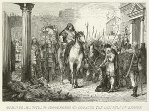 Romulus Augustulus surrenders to Odoacer the Insignia of Empire by German School