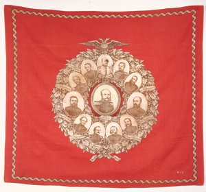 Scarf depicting the German Emperor, Wilhelm I surrounded by Bismarck and victorious marshals in celebration of the Franco-Prussian War, 1870 by German School
