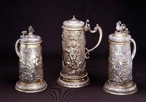 Silver gilt cylindrical tankard by Paul Hubner, Ausburg 1590; silver-gilt cylindrical tankard by Tobias Kramer, Ausburg 1620; parcel gilt cylindrical tankard by Paul Hubner, Ausburg 1590 by German School