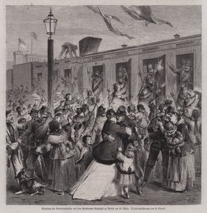 Soldiers of the Prussian Gardelandwehr welcomed at Potsdam Station, Berlin, on their return from the Franco-Prussian War, 22 March 1871 by German School