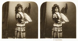 Stereoscopic card depicting a young woman in traditional Spanish costume from the Aragon area, c.1900
