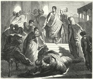 Tarquinius Superbus assassinating his father-in-law, Servius Tullus, to claim the Roman throne (engraving) by German School