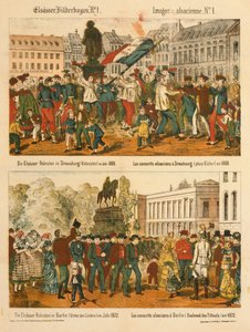 The Alsace Recruits in Strasbourg (Kleberplatz) in 1869 and in Berlin (Under den Linden) in 1872, from Elsaesser Bilderbogen, Published by A. Schneider, Strasbourg, 1873 by German School