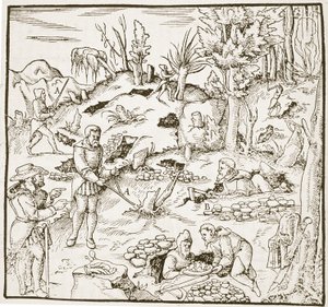 The Divining Rod, from Bergwerk Buch by Georg Agricola, Frankfurt 1580, illustrated in a History of Magic, published late 19th century by German School