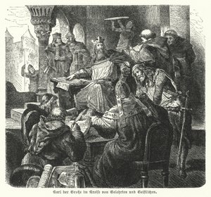 The Emperor Charlemagne surrounded by scholars and members of the clergy by German School