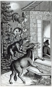The Four animals shouting at the window, illustration for The Musicians of Bremen Town, tale by the Brothers Grimm by German School
