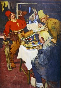 The Magic Table and the Golden Donkey, illustration of a fairytale by the Grimm Brothers