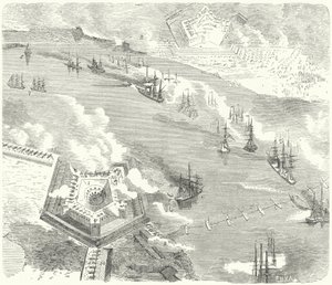 The Union Fleet Attacking Fort Jackson and Fort St. Philip, Louisiana, American Civil War, 1862 by German School