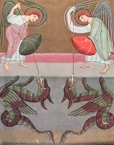 The angels accompanying St. Michael attack the dragons, facsimile of the Bamberg Apocalypse