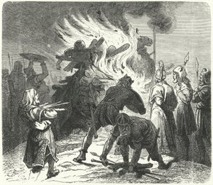 The legendary Swedish King Sigurd Hring burning the body of Harald Wartooth after the Battle of the Bravellir by German School