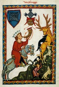 The pleasures of hunting: King Radin of Hohenstaufen, King of Sicily (Italy) and Jerusalem (Israel) under the name of Conrad II, Duke of Swabia under the name of Conrad III and King of the Romans under the name of Conrad V (1252-1268) hunts deer (illuminat by German School
