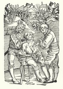 Treating a wounded soldier on the battlefield (engraving) by German School