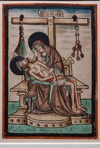 Vesperbild (Lamentation), Watercolor Woodcut by German Engraver, c.1450. The Symbols of Christ’s Passion Hang from the Cross. by German School