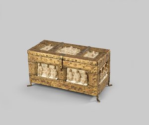 Walrus Ivory Figures Mounted on a Medieval-Style and Copper-Clad Oak Box, Ivory 11th or 12th Century by German School