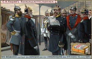 War of 1870. Prussian General Otto von Bismarck (1815-1898) reads the declaration of war on June 15