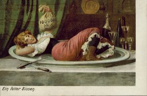 Woman Lying on a Platter with a Money Bag by German School