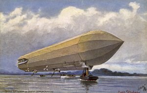 Zeppelin Airship Taking Off from a Lake