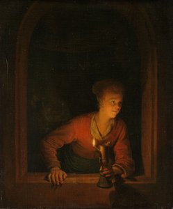 Girl with an Oil Lamp at a Window by Gerrit Dou