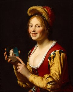 Smiling Girl, a Courtesan, Holding an Obscene Image by Gerrit van Honthorst