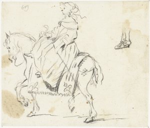 Woman on Horseback, Seen from the Side, with Sketch of a Lower Leg and Foot by Gesina ter Borch