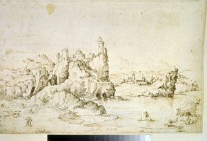 A Castle on a Rock in Mountainscape by Gherardo Cibo
