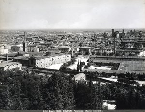 Panoramic view of Bologna with factories and a square by Giacomo Brogi