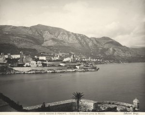 View of Montecarlo, resort overlooking the Ligurian Sea. The Maritime Alps rise in the background. The photograph was taken from Monaco