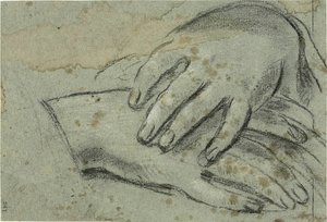 Crossed Hands; Right Foot, Partially Covered by Drapery by Giacomo Cavedone