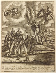 Allegory of Saint League of 1571 stipulated by Pope Pius V, Philip of Spain and Doge of Venice Alvise Mocenigo, engraving by Giacomo Franco by Giacomo Franco