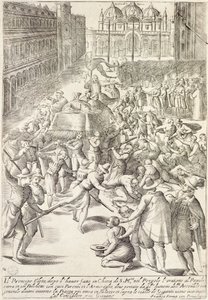 The prince elect on a small stage of the Arsenal in Venice throwing money at the public by Giacomo Franco